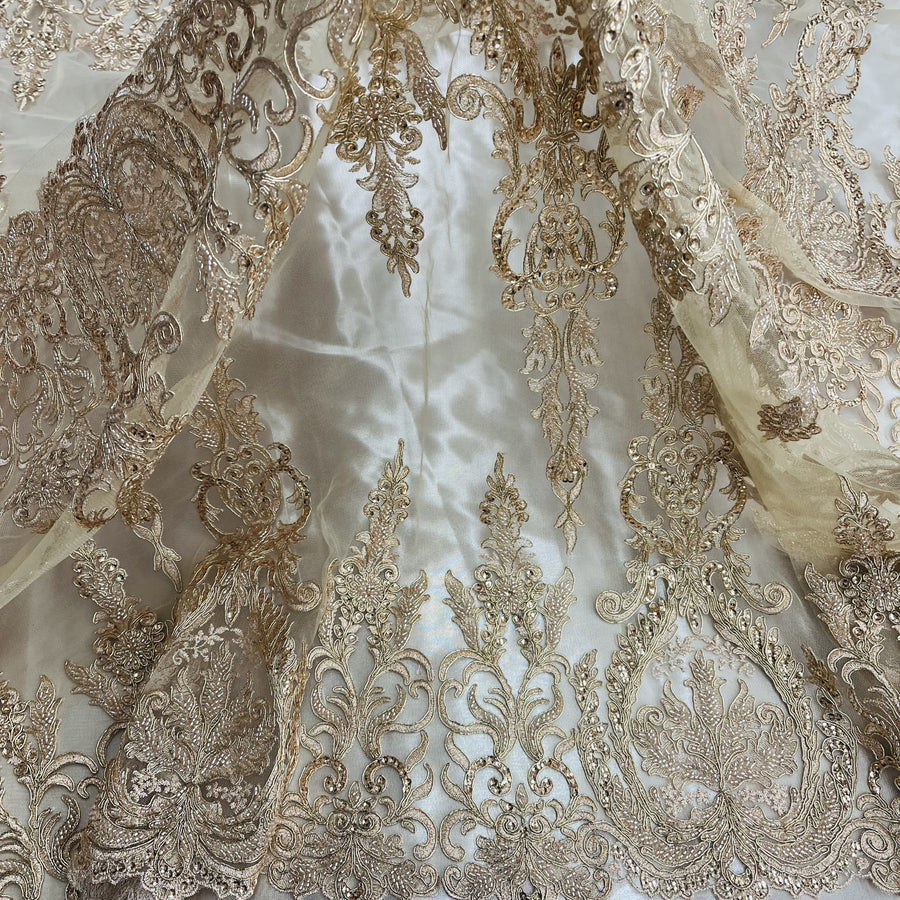 1 Yard Beaded and Corded Bridal Lace Fabric Embroidered on Polyester Net Mesh White Ivory Blush and Gold