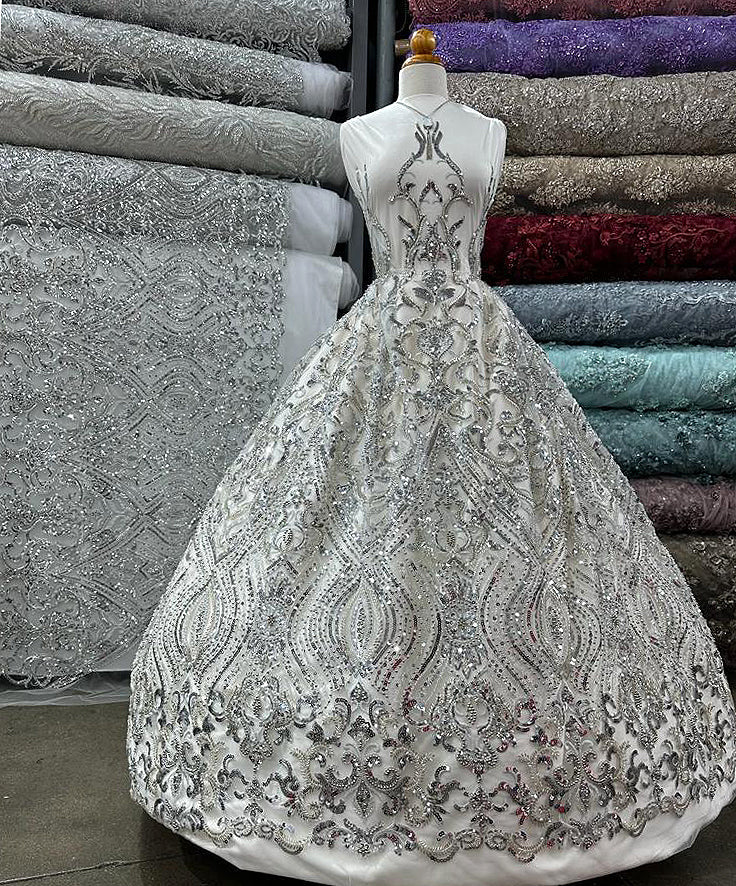 Beaded Lace Fabric on Polyester Net Mesh 52"