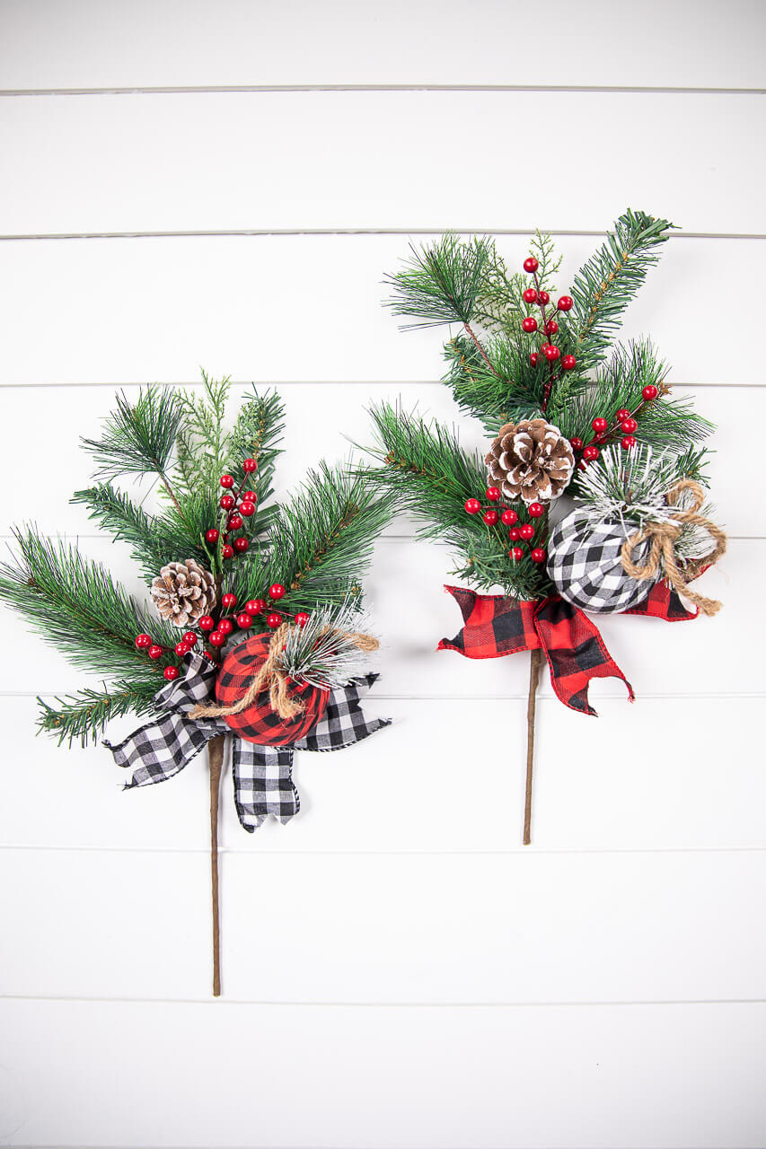 18” Holiday Pine Pick with Buffalo Check Ornament & Berries