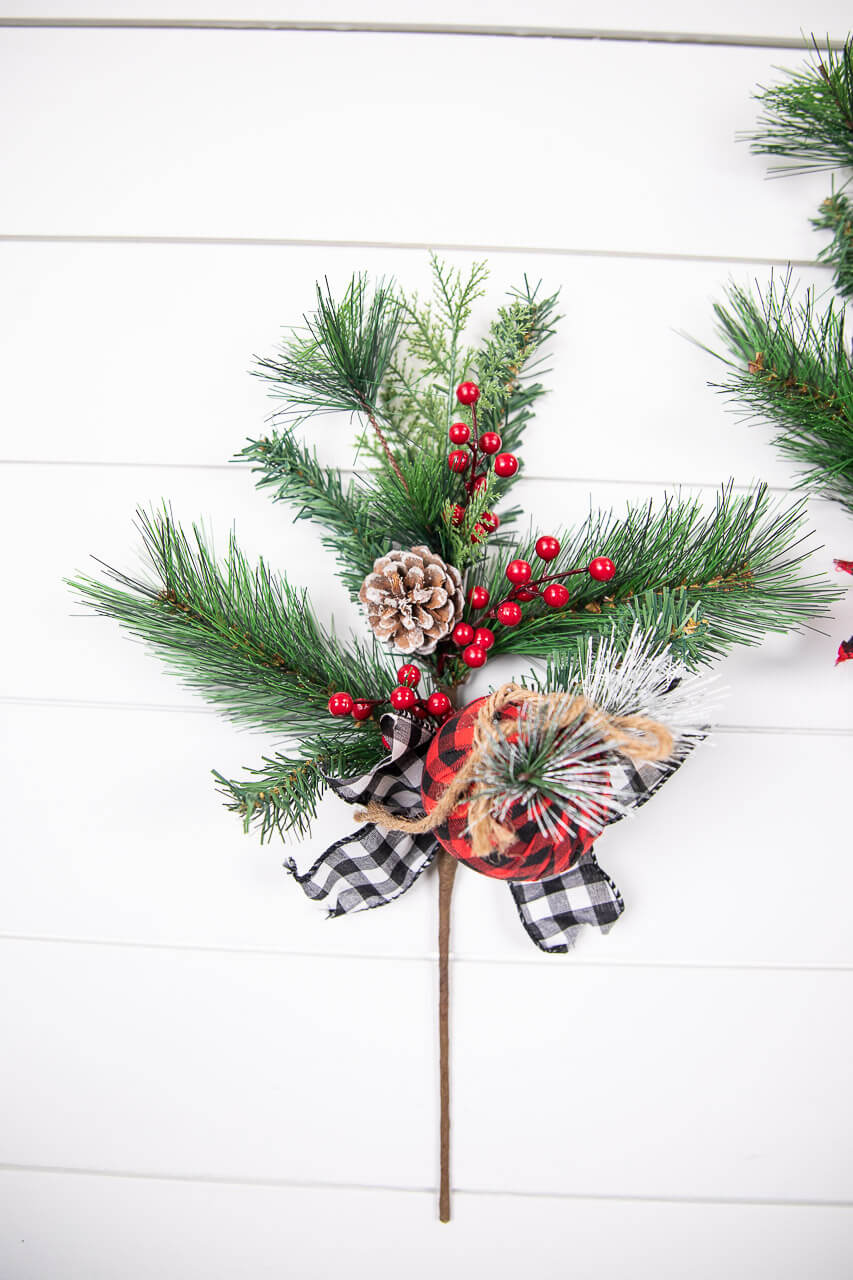 18” Holiday Pine Pick with Buffalo Check Ornament & Berries