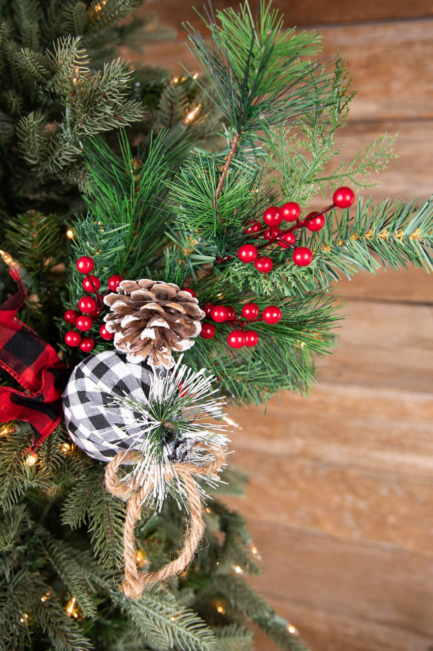 18” Holiday Pine Pick with Buffalo Check Ornament & Berries