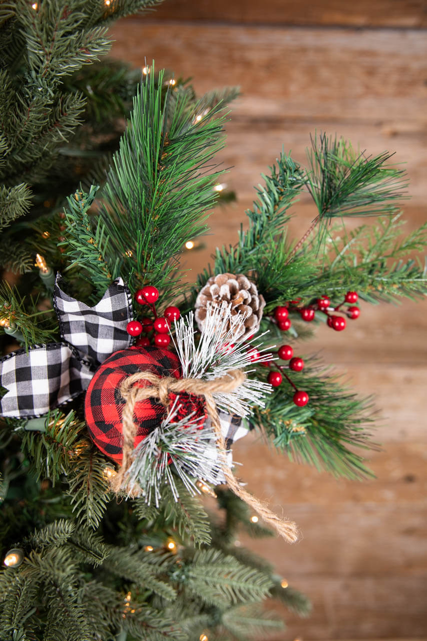 18” Holiday Pine Pick with Buffalo Check Ornament & Berries