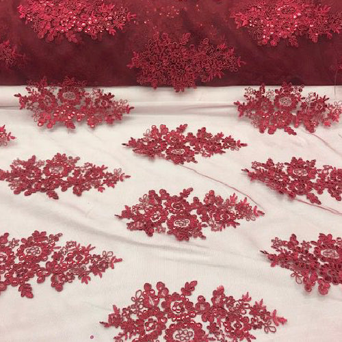 Burgundy Sequin Lace Fabric With Embroideries On Mesh - Burgundy Floral Lace, Mesh Base, Sequins