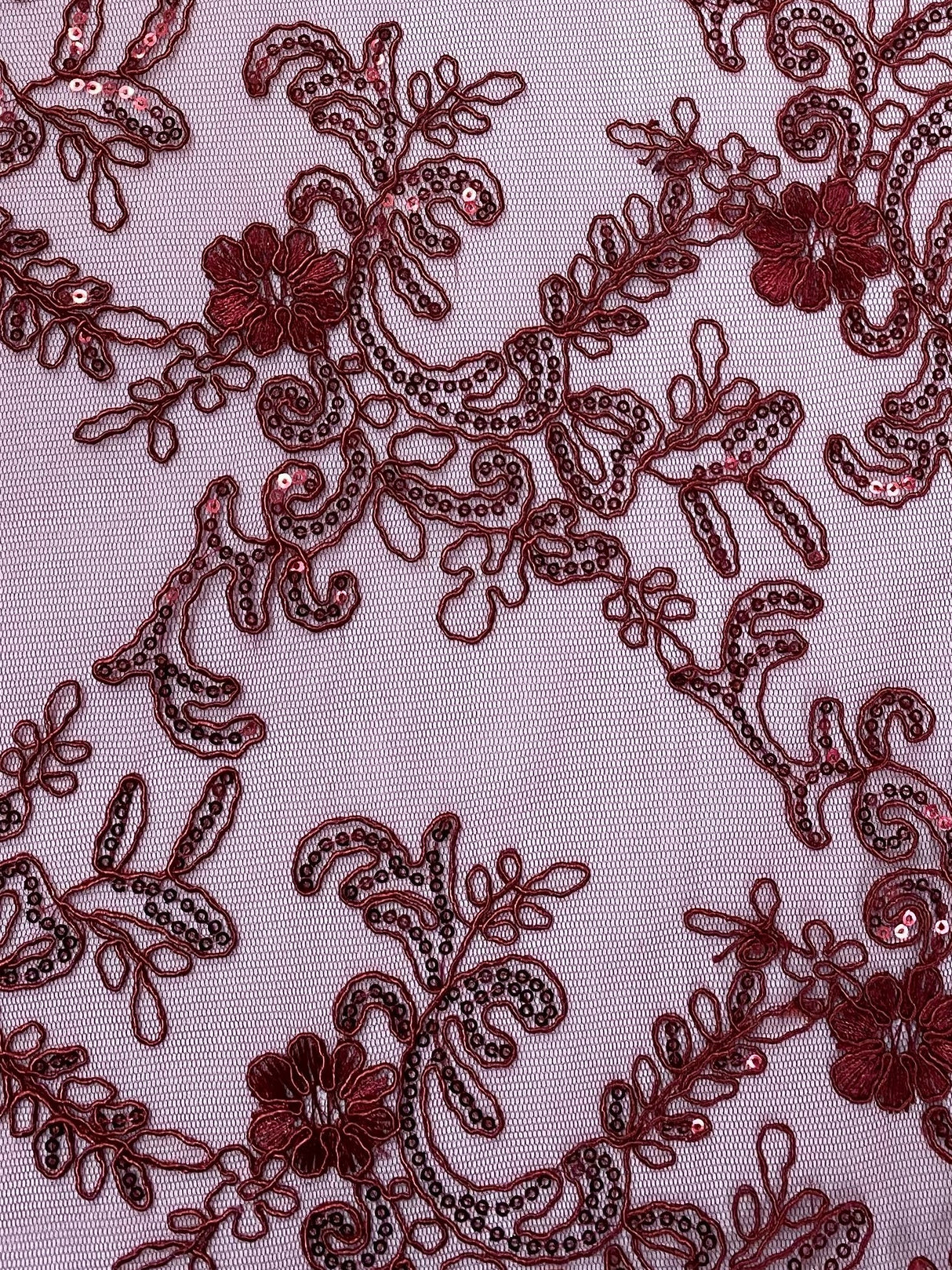 Elena's Lace Polyester Fabric - Burgundy Corded Mesh Embroidered With Sequins, Double Scalloped Edge, 54" Width (1 Yard)