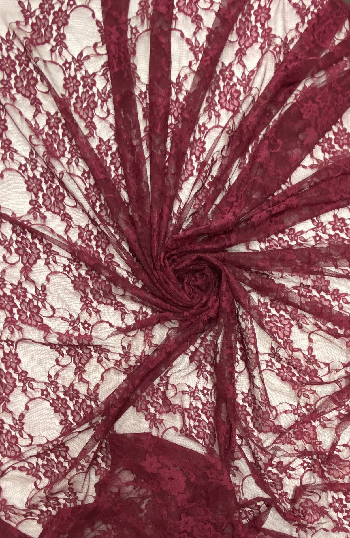 Burgundy Stretch Lace Nylon Spandex Fabric - Burgundy Floral Lace Sheer, 58/60" Width (1 Yard)