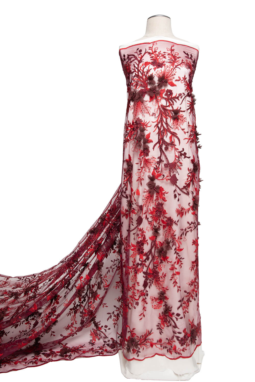 1 Yard Tulle Lace Fabric with Two Tone Embroidered Splendid 3D Floral Pattern, 52" Wide