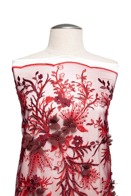 1 Yard Tulle Lace Fabric with Two Tone Embroidered Splendid 3D Floral Pattern, 52" Wide