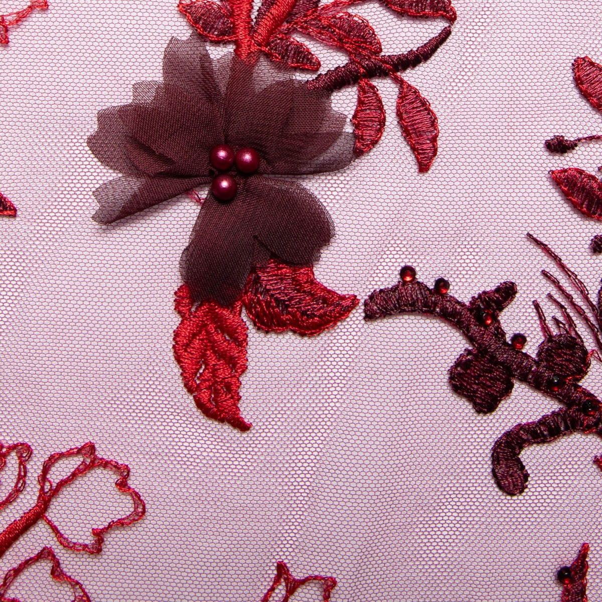 1 Yard Tulle Lace Fabric with Two Tone Embroidered Splendid 3D Floral Pattern, 52" Wide