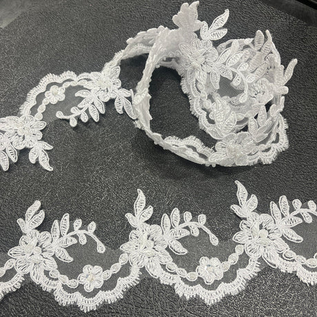 1 Yard Beaded & Corded Embroidered Lace Trim 3" Wide 100% Polyester for Dresses & Costumes