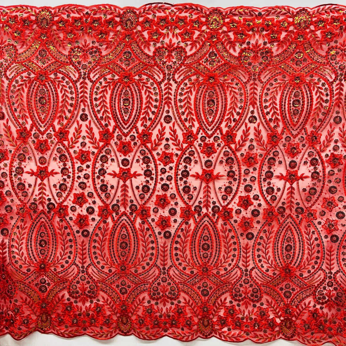 1 Yard Rust Beaded Sequined Floral Sparkling Lace Fabric Embroidered on Polyester Net Mesh 52 inch Width