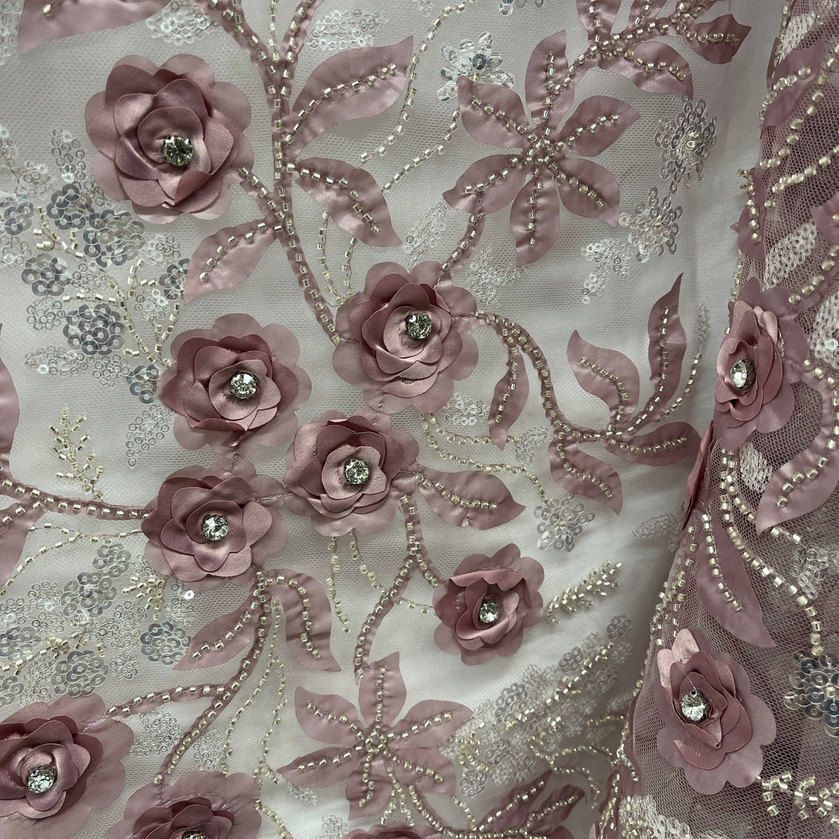 1 Yard Beaded 3D Floral Lace Fabric on 100% Polyester Net Mesh, Elegant Embroidered Textile