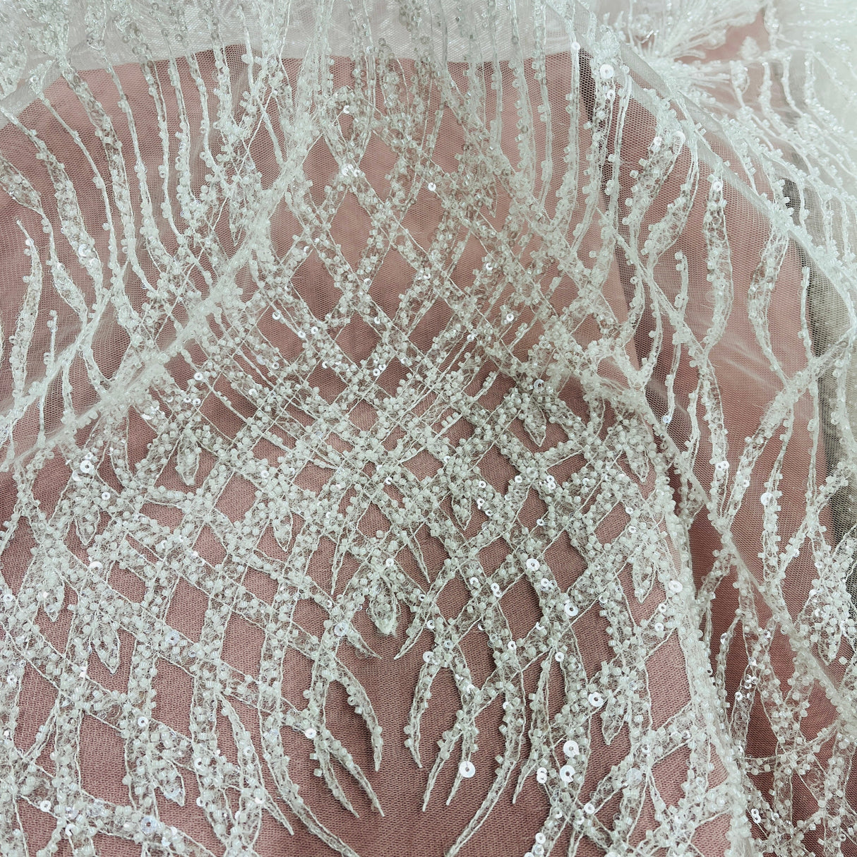 Beaded Lace Fabric on Polyester Net Mesh
