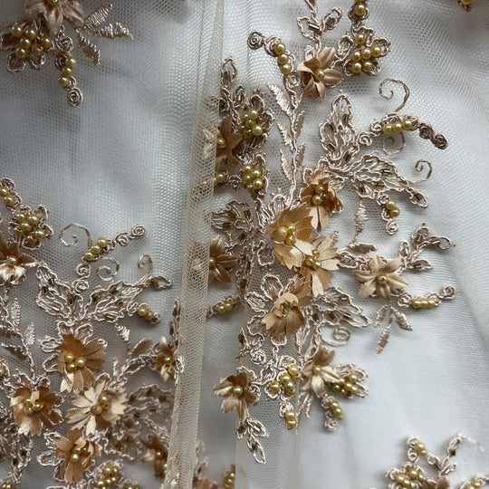 1 Yard Beaded 3D Floral Lace Fabric Embroidered 100 Percent Polyester Net Mesh 50 inch Width