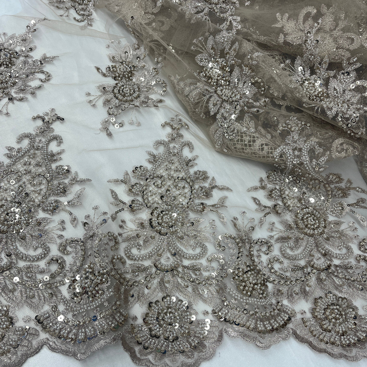 Beaded Lace Fabric on Polyester Net Mesh 50"