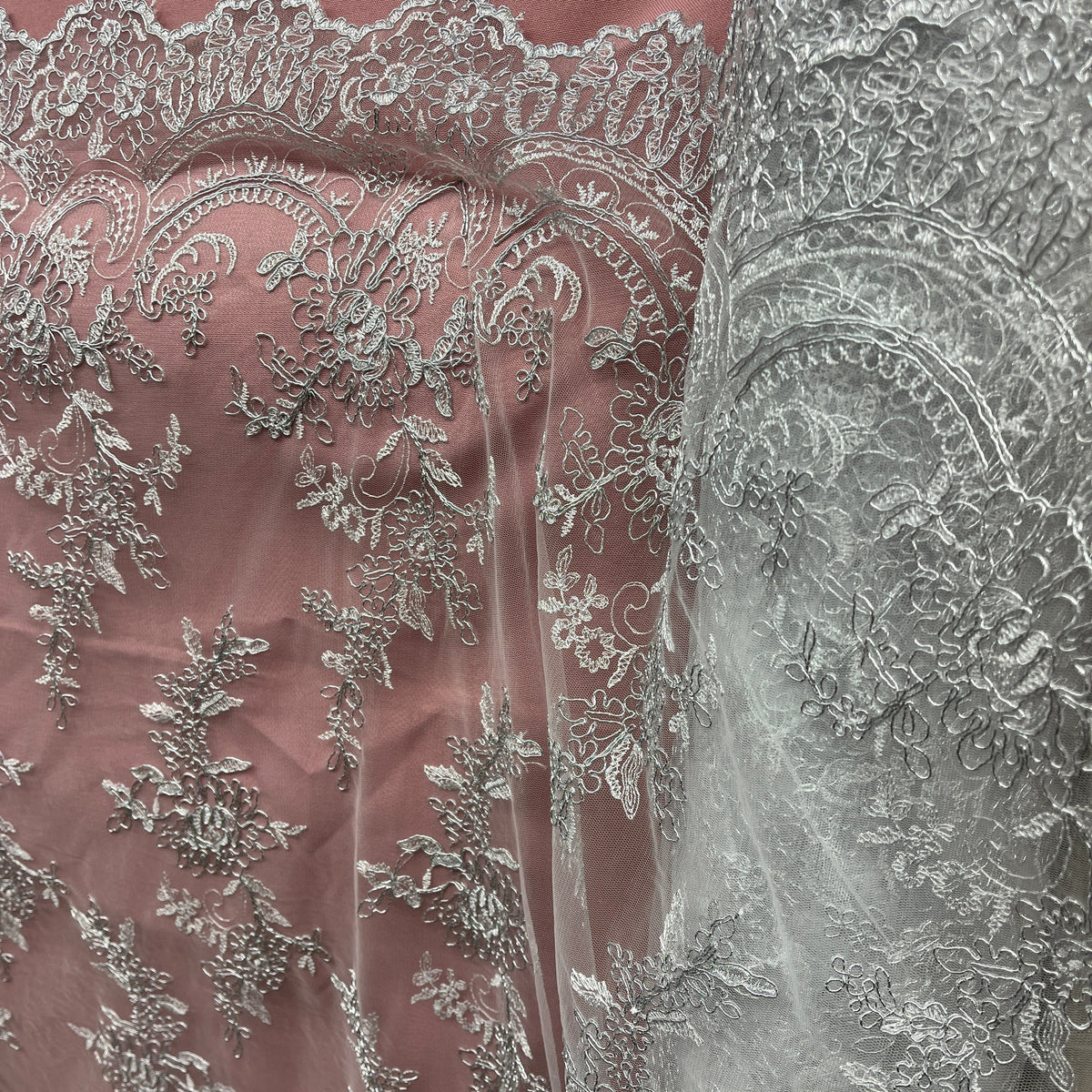 1 Yard Elegant Corded Bridal Lace Fabric on 100% Polyester Net Mesh, Embroidered Floral Design