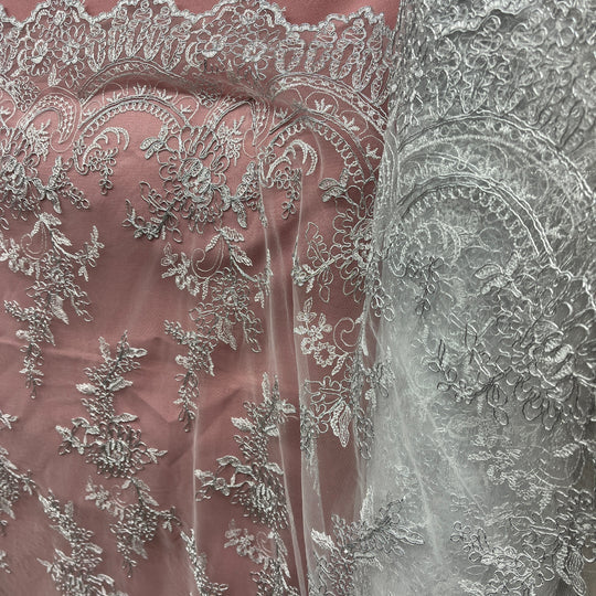 1 Yard Corded Bridal Lace Fabric Embroidered on Polyester Net Mesh 51 inch Width