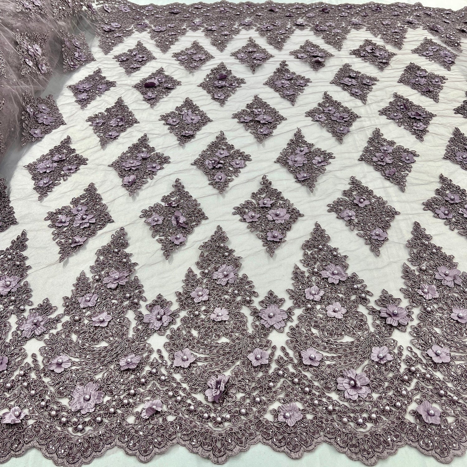 1 Yard Wine Beaded 3D Floral Lace Fabric Embroidered Polyester Net Mesh 51 Inch Width