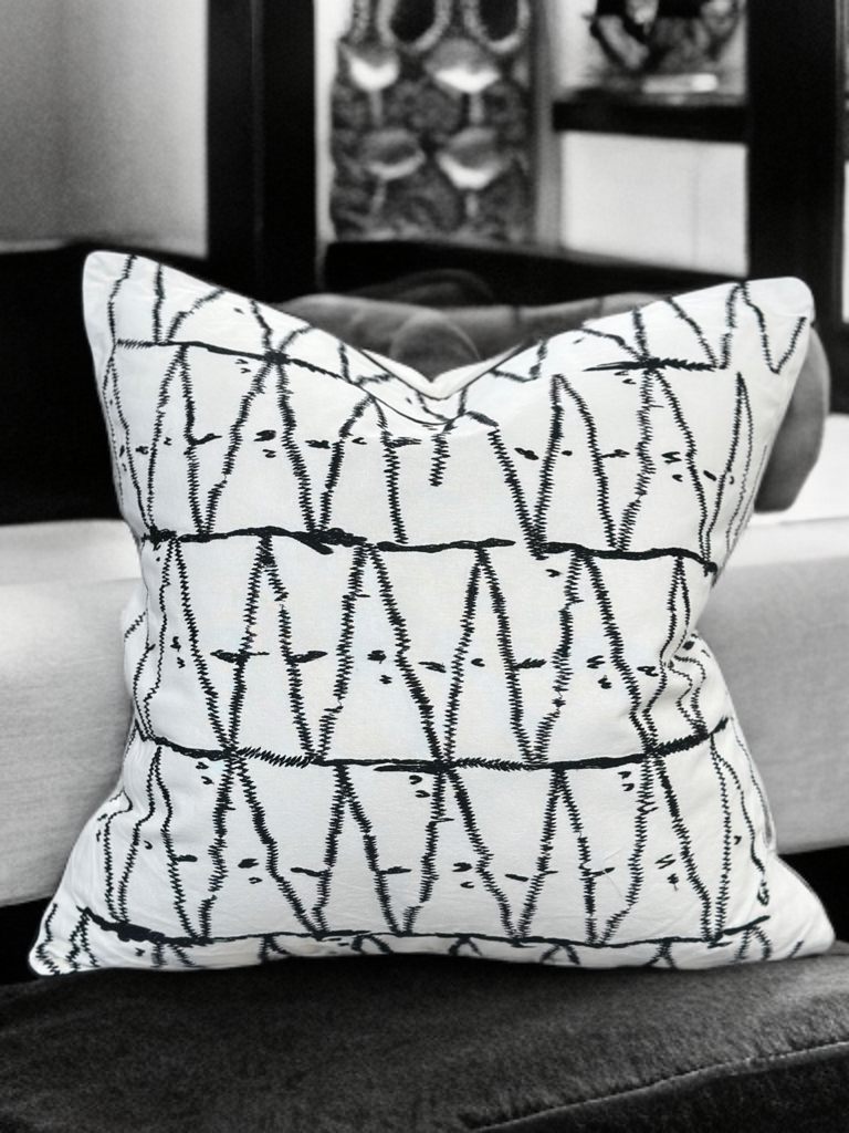 Viva015 White Velvet Pillow - Black Embroidered Abstract, Thick Border, 20" X 20" (1 Piece)