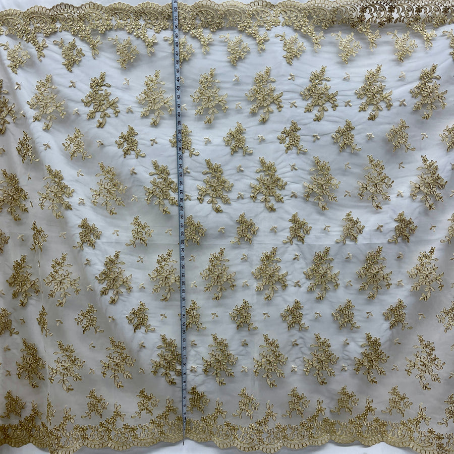 1 Yard - Corded Bridal Lace Fabric Embroidered on 100% Polyester Net Mesh - 53" Wide