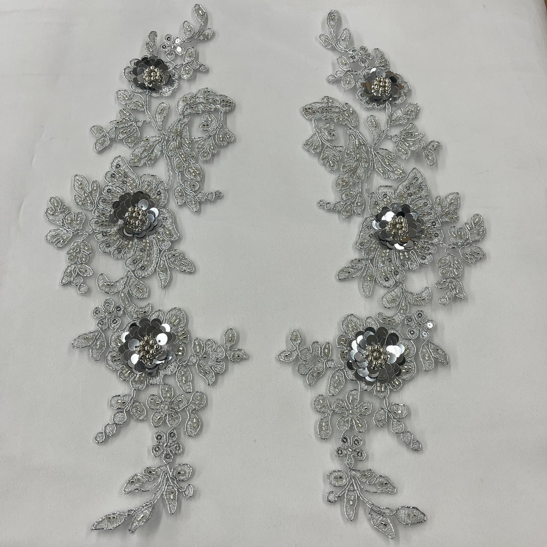 1 Pair 14" x 3" Beaded & Corded Floral 3D Lace Applique Embroidered on 100% Polyester Net Mesh