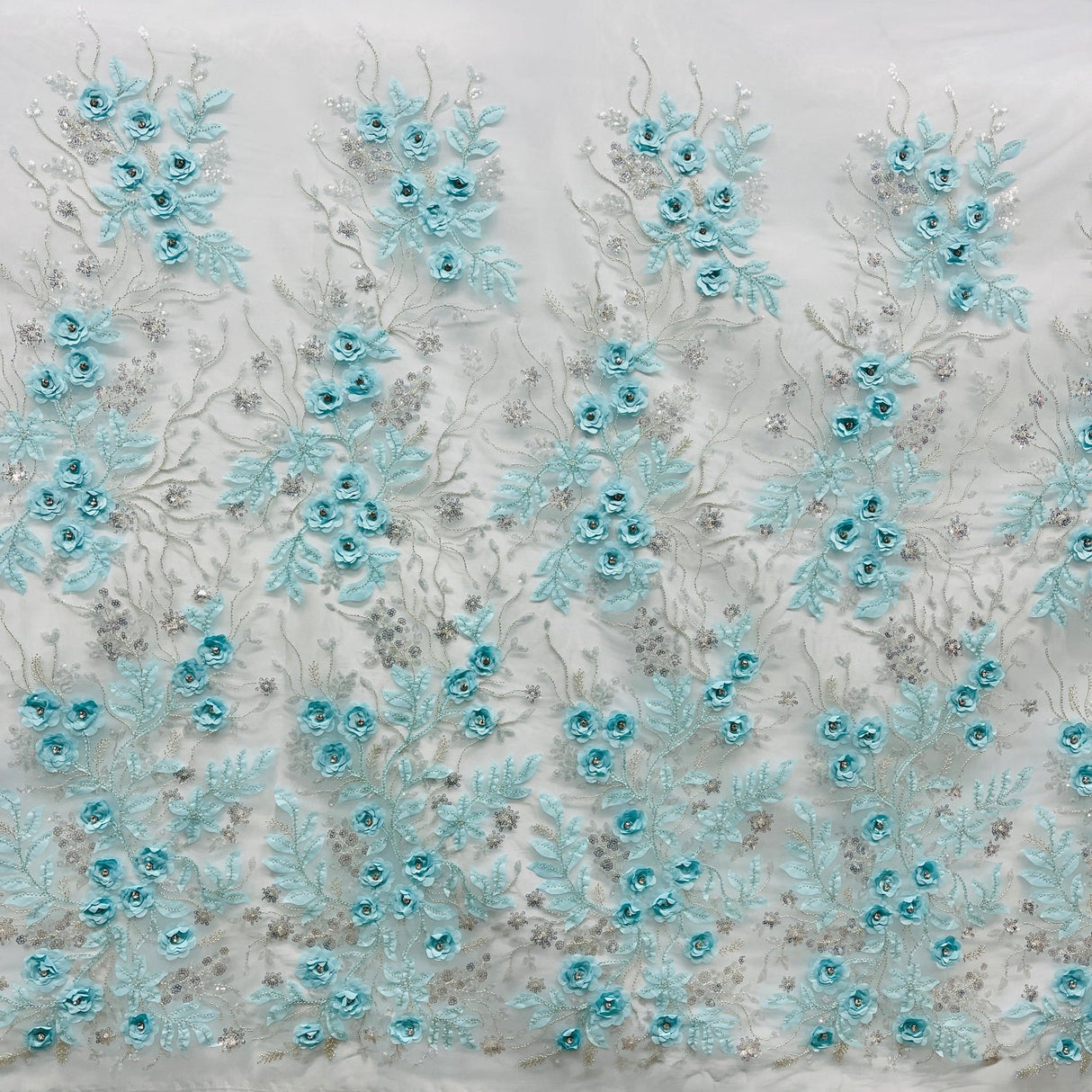 1 Yard Exquisite Off White Beaded 3D Floral Lace Fabric on Net Mesh 52 inch Width