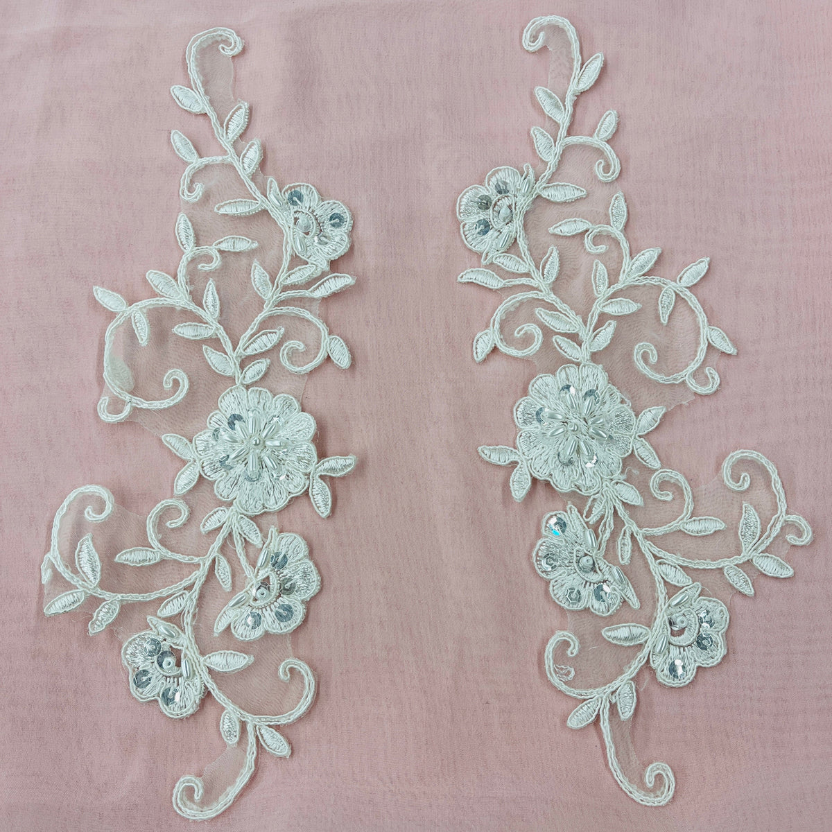 1 Yard Beaded and Corded Floral Lace Applique 9" x 2.5" Each Side Embroidered on 100% Polyester