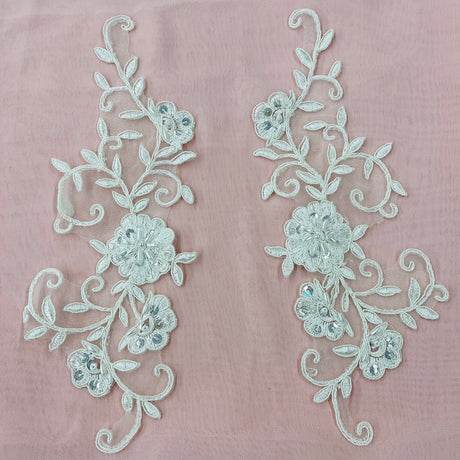1 Pair Beaded & Corded Floral Lace Applique Embroidered on 100% Polyester 9.5" x 2" Each Side