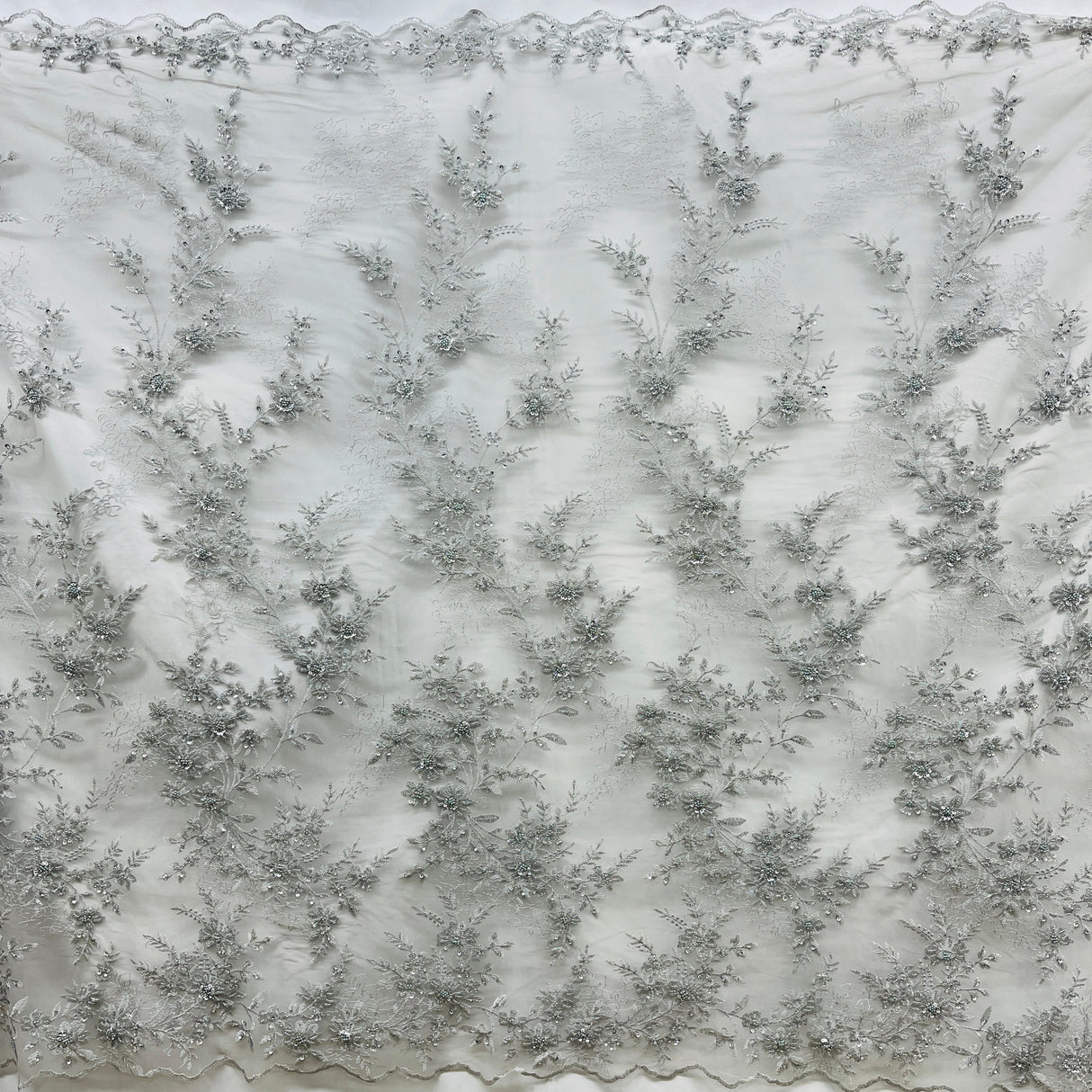 Beaded Floral Lace Fabric on Polyester Net Mesh