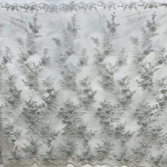 1 Yard Beaded Floral Lace Fabric Embroidered on Polyester Net Mesh 51 inch Width