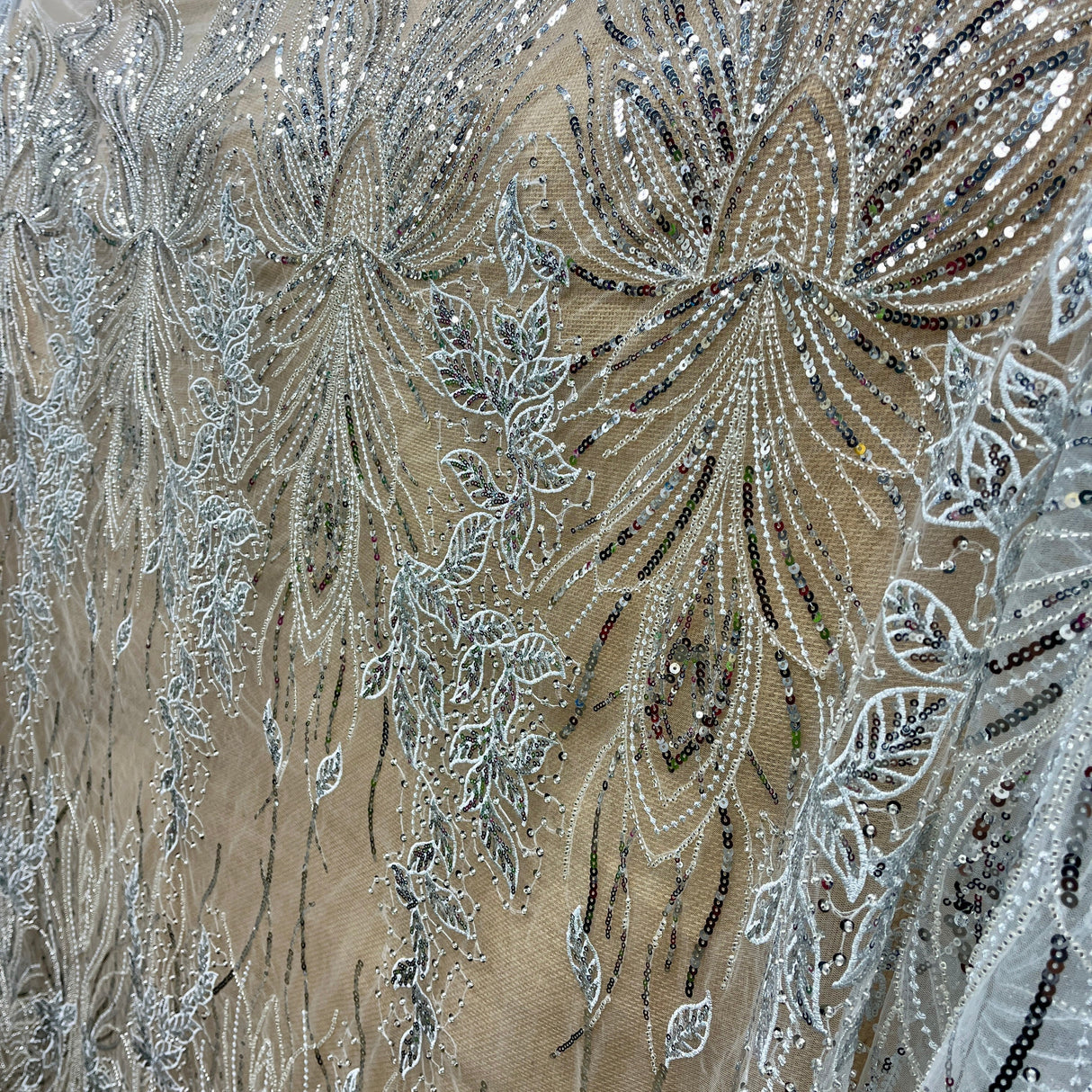 Beaded Sequined Lace Fabric Leaf Vine Design