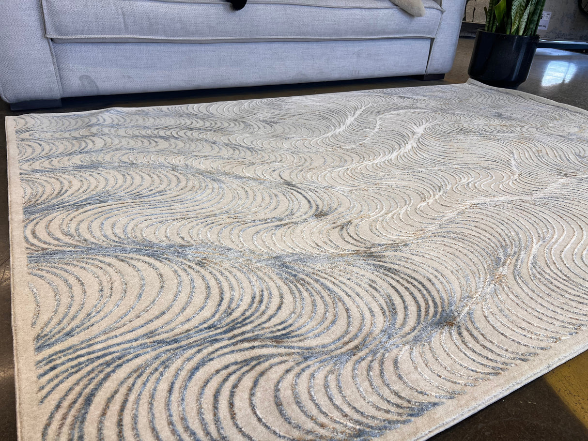 KAI 304 Polyester Fabric - Cream Rug With Blue, Gold-Brown & Silver Viscose Swirl Accents, Machine Made (5' 3" X 7' 4" / 7' 9" X 10' 9" / 10' X 13")