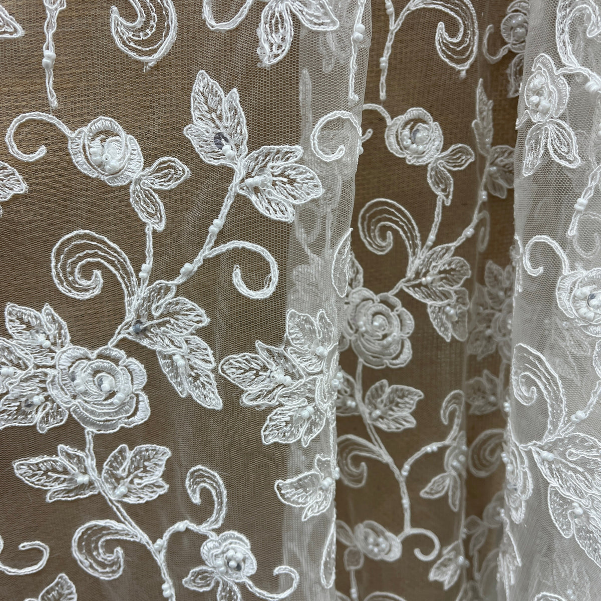 1 Yard 52" Wide Beaded & Corded Bridal Lace Fabric Embroidered on 100% Polyester Net Mesh