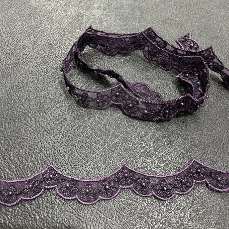 1 Yard Beaded & Corded Lace Trimming on Net Mesh | 1" Wide | Antique Silver | Elegant Embroidered Trim for Bridal, Formalwear & Costumes