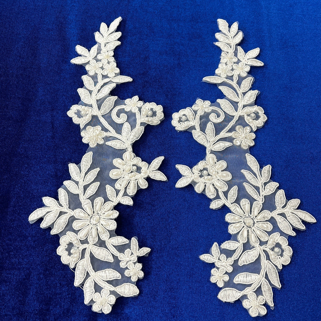 Beaded Corded Floral Lace Applique 100 Percent Polyester Fabric - Ivory Floral Embroidered Applique, 10" X 3" (1 Pair)