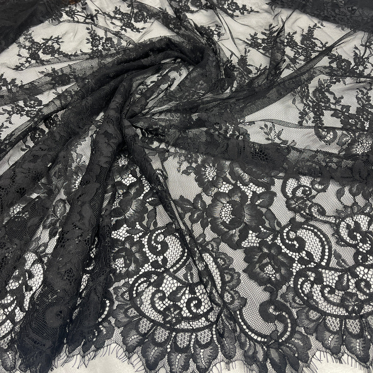 Embroidered Lace Fabric with Eyelash Scallop