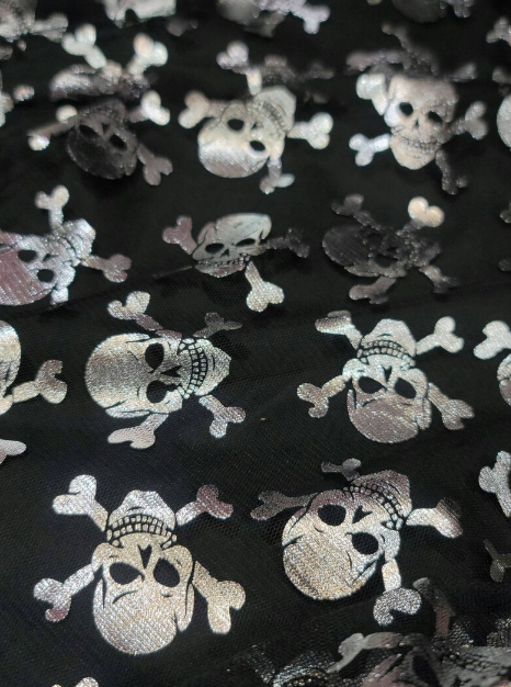 Metallic Skulls Mesh Fabric Black Silver