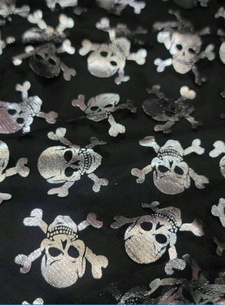 Metallic Skulls Mesh Fabric Black Silver