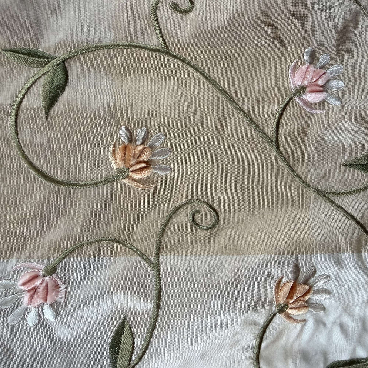 Caroline Embroidered Floral Silk Fabric - Apricot, Blueberry, Melon, Wheat, 54" Width (1 Yard)