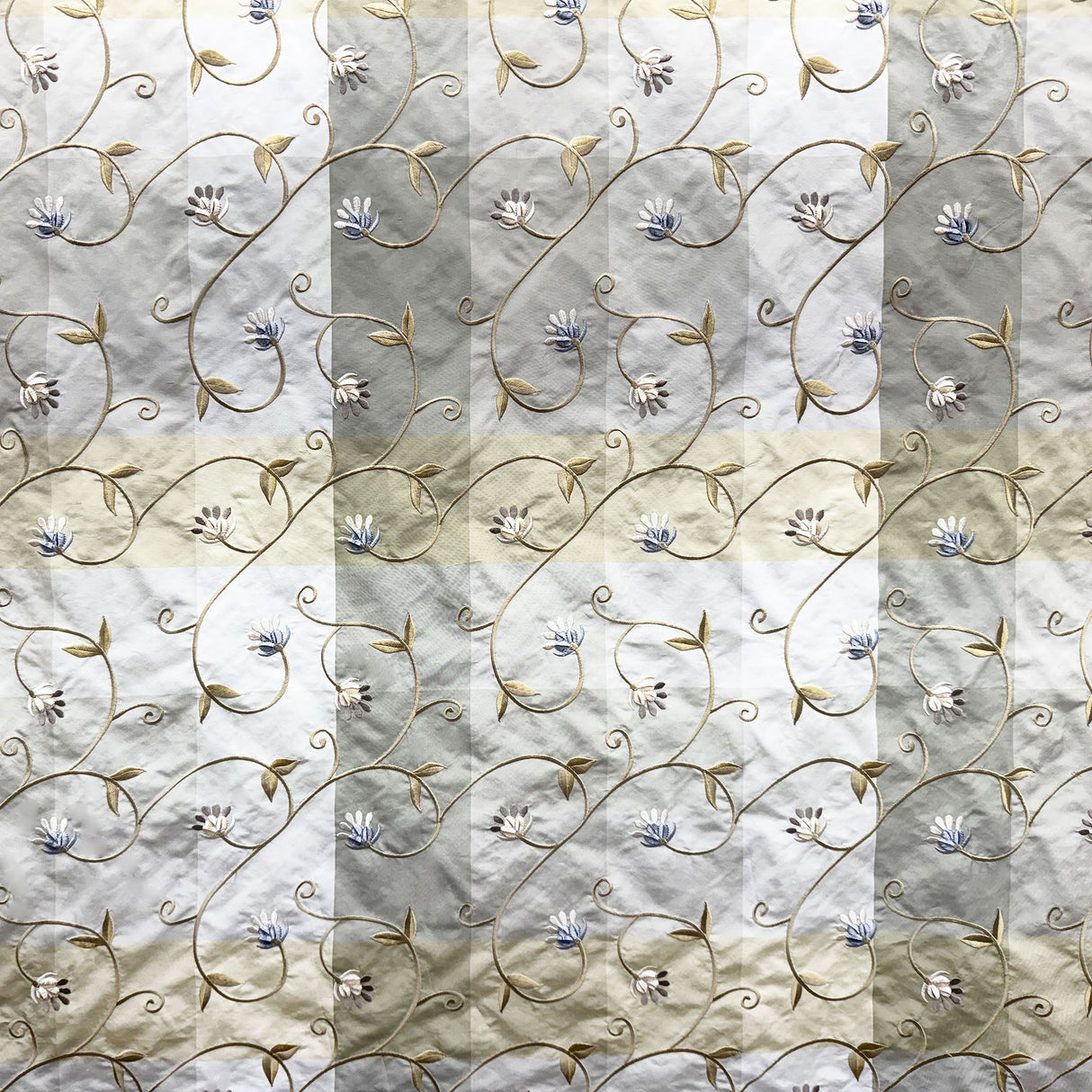 Caroline Embroidered Floral Silk Fabric - Apricot, Blueberry, Melon, Wheat, 54" Width (1 Yard)