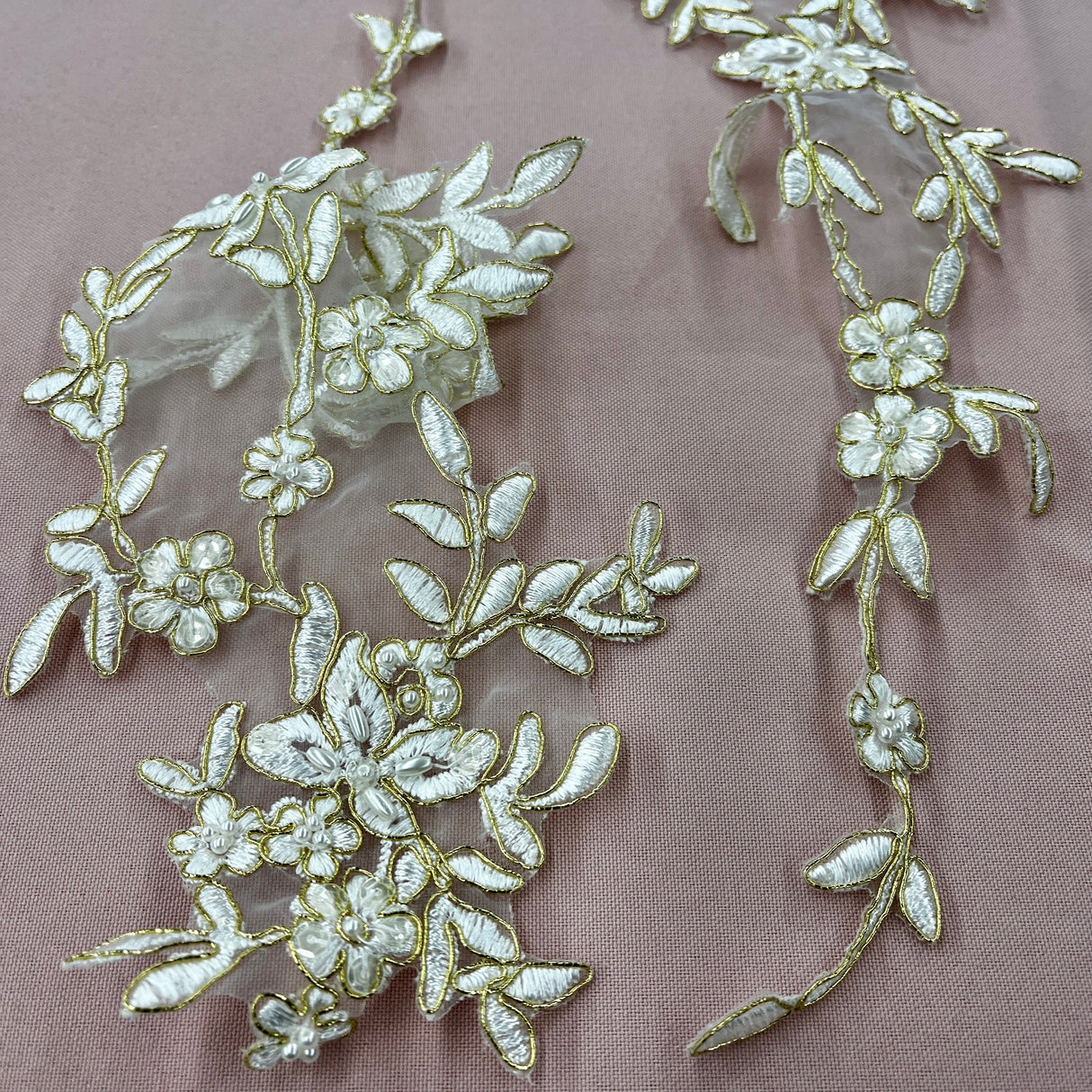 Beaded Corded Floral Lace Applique, Ivory with Gold, 16" x 5"