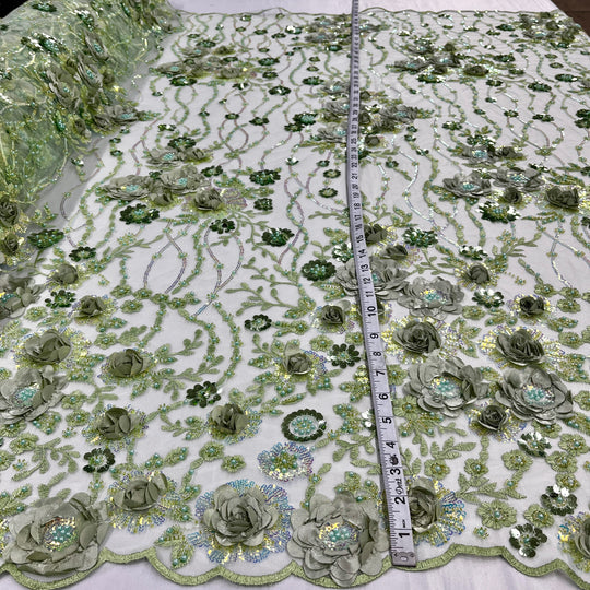 1 Yard Beaded Rhinestone 3D Floral Lace Fabric Embroidered 100 Percent Polyester Net Mesh 52 inch Width