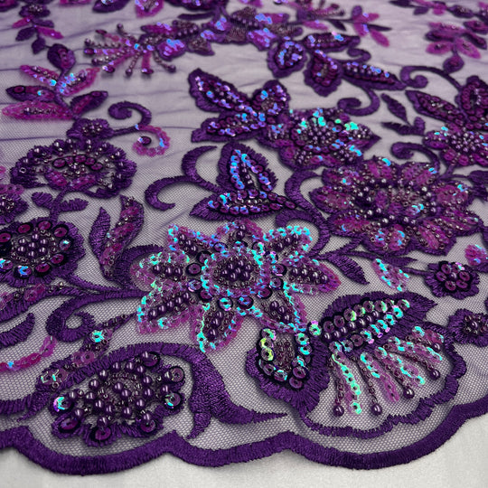 1 Yard Sparkling Beaded and Sequined Lace Fabric Embroidered on Polyester Net Mesh
