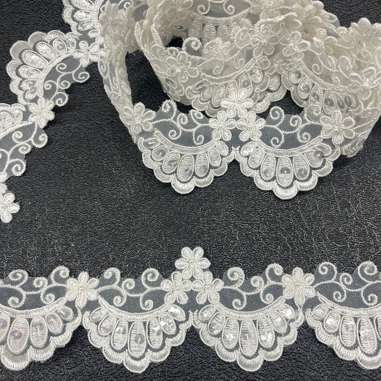 1 Yard Beaded & Corded Embroidered Lace Trim 2.5" Wide 100% Polyester Net Mesh for Special Occasion Dresses
