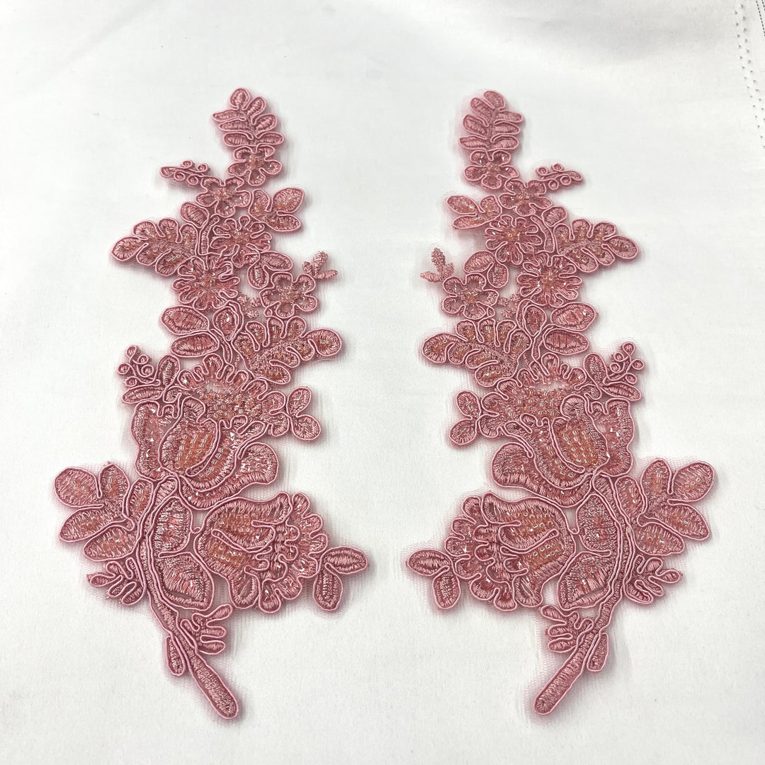 1 Pair 12" x 3.5" Beaded & Corded Floral Lace Applique 100% Polyester Net Mesh