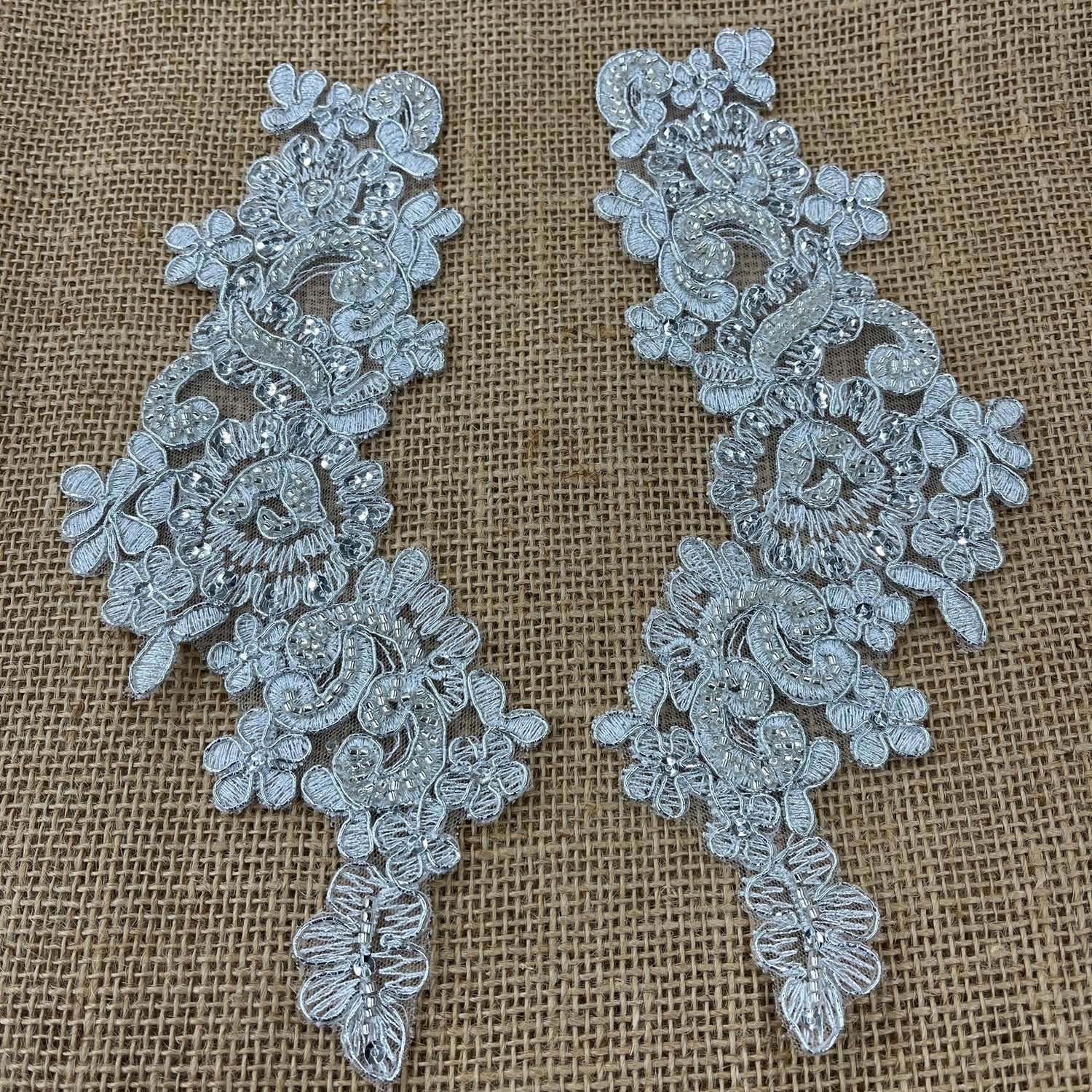 1 Pair 9" x 3" Each Side Beaded & Corded Floral Lace Applique Organza