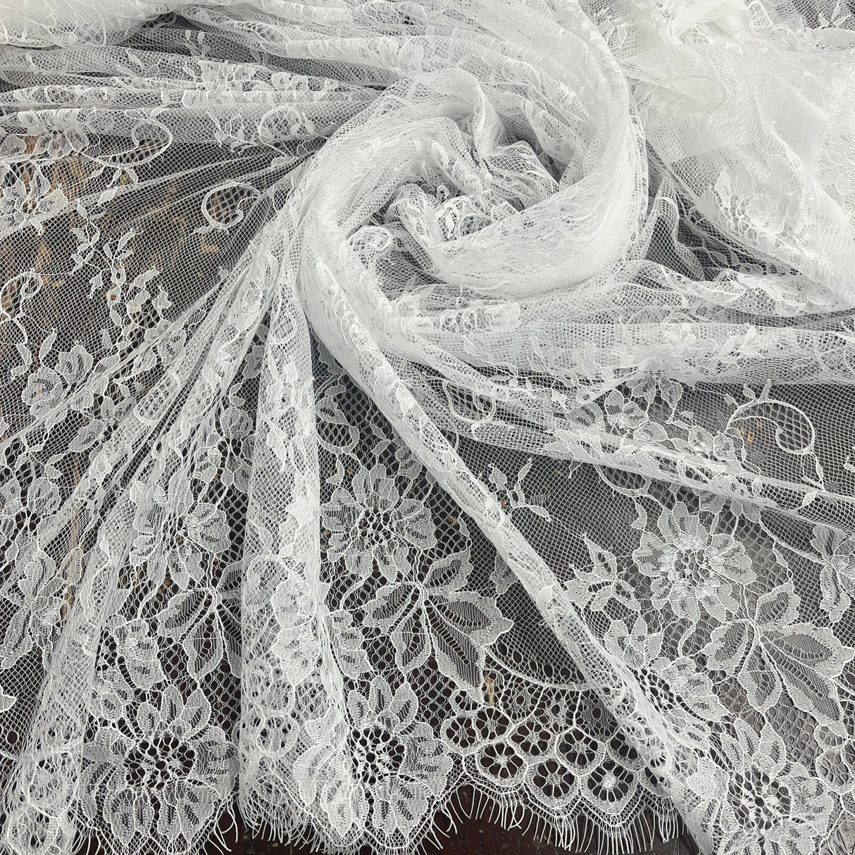 1 Yard Chantilly Embroidered Lace Fabric with Eyelash Scallop, 58" Wide French Lace for Bridal & Evening Wear