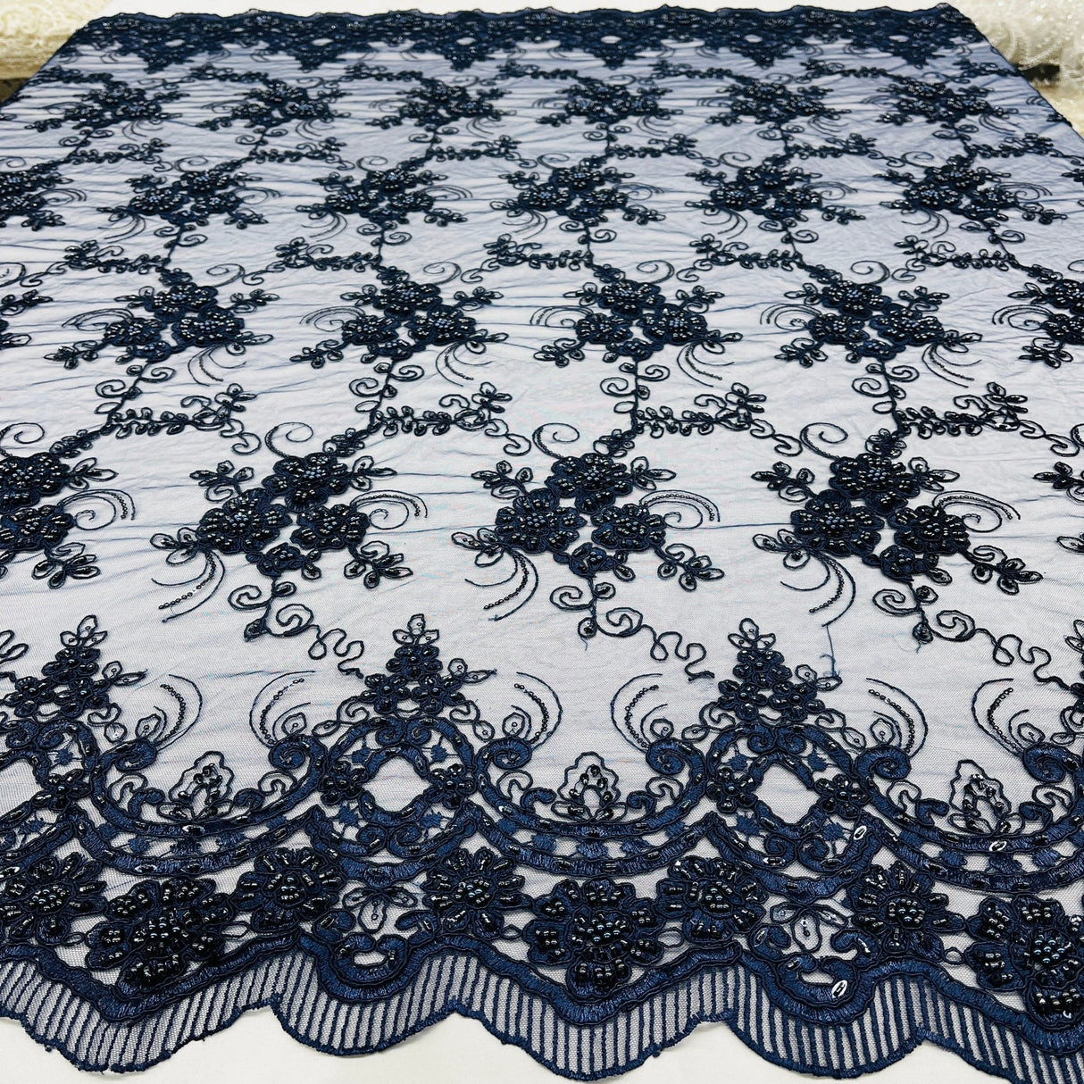 1 Yard Elegant Beaded and Corded Bridal Lace Fabric on Polyester Net Mesh 51" Width