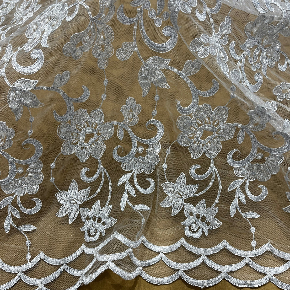 1 Yard Silver Beaded and Corded Lace Fabric Embroidered on Polyester Net Mesh for Elegant Bridal and Evening Designs – 52"