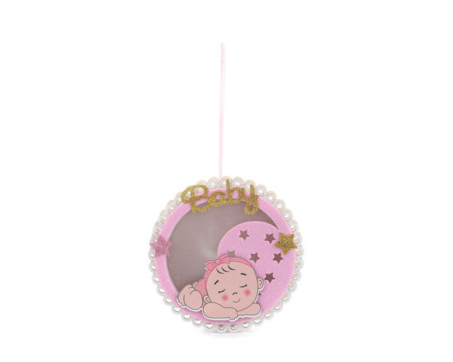 5.50" x 1.25" Circular Wooden Pink Moon Light Up Baby Shower Hanging Ornament - Pack of 6