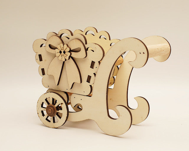 7.5" x 5.5" Birch Wood Laser-Cut Carriage with Movable Wheels - 1 Centerpiece